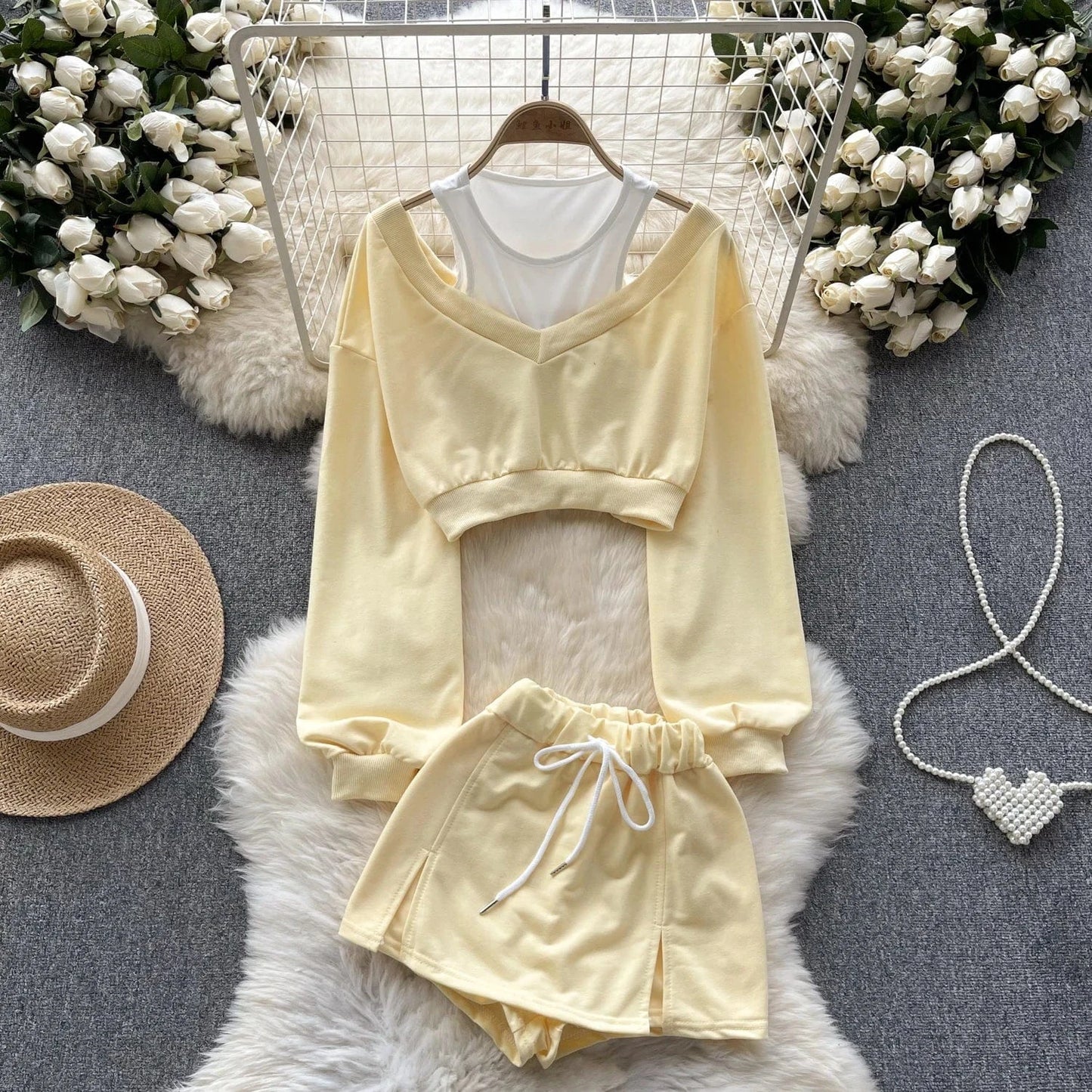 Free / Yellow Spring Y2k Sport 2 Piece Set For Women Crop Top And High Waist Shorts Set Sweat Suits Wholesale