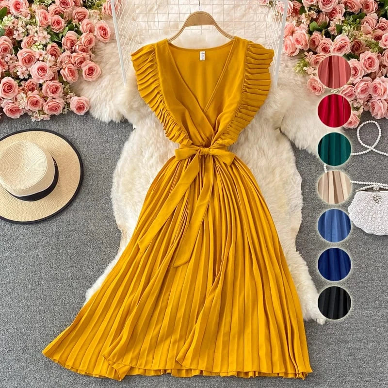 Free / Yellow Summer Hepburn Style Women Dress Ruffles Sashes Chiffon Fashion Elegant Pleated V-neck Dresses for Ladies Casual Vintage Vestido