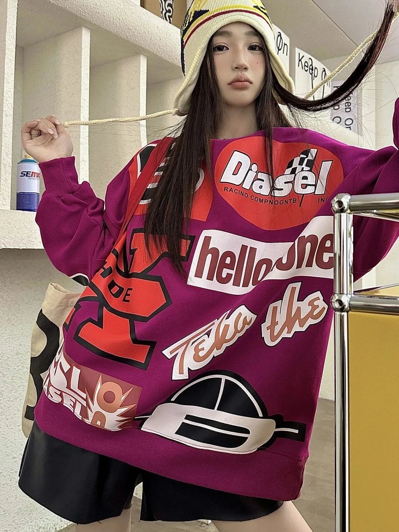 Free / Z1008ST Purple top Bomblook Z1008ST Streetwear Graphic Print Oversized Pullover Shirt and Bodycon Mini Skirt Casual 2 Piece Set Women Outfits