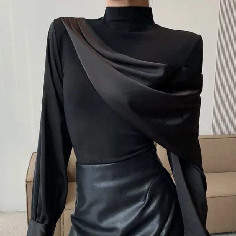 French black stitching design long - sleeved shirt women's spring and autumn new fashion luxury temperament niche Joker casual top - SN Wigs & More