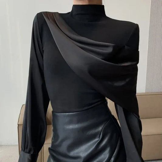 French black stitching design long - sleeved shirt women's spring and autumn new fashion luxury temperament niche Joker casual top - SN Wigs & More