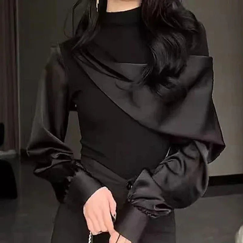 French black stitching design long - sleeved shirt women's spring and autumn new fashion luxury temperament niche Joker casual top - SN Wigs & More