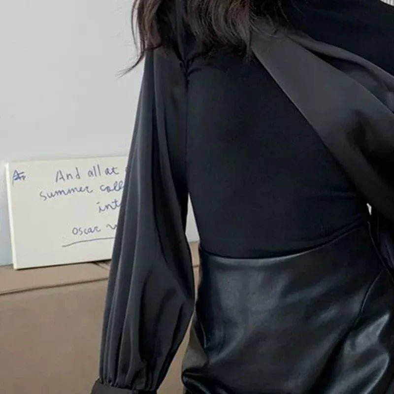 French black stitching design long - sleeved shirt women's spring and autumn new fashion luxury temperament niche Joker casual top - SN Wigs & More