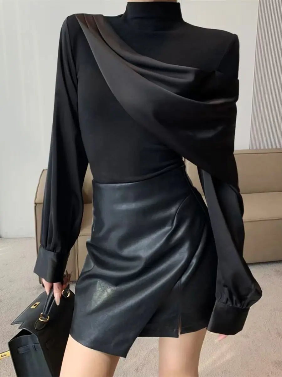 French black stitching design long - sleeved shirt women's spring and autumn new fashion luxury temperament niche Joker casual top - SN Wigs & More