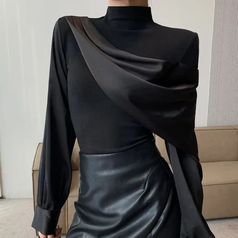 French black stitching design long - sleeved shirt women's spring and autumn new fashion luxury temperament niche Joker casual top - SN Wigs & More