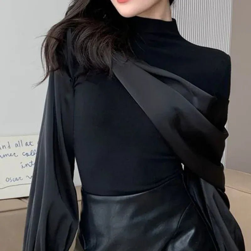 French black stitching design long - sleeved shirt women's spring and autumn new fashion luxury temperament niche Joker casual top - SN Wigs & More