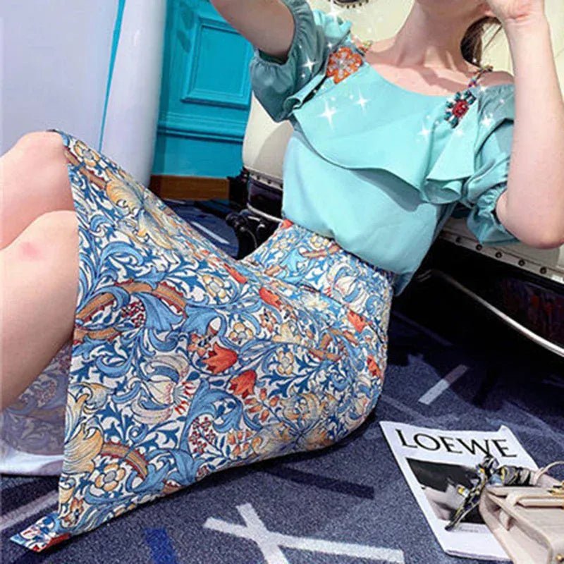 French fashion ethnic print skirt suit women's spring and summer new temperament off - the - shoulder flounce skirt two - piece suit. - SN Wigs & More