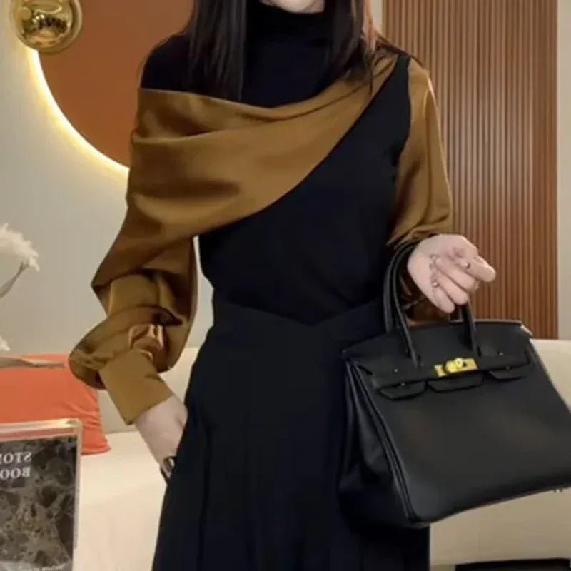 French fashion high - end irregular yellow block long - sleeved bottoming shirt female summer new temperament Joker turtleneck top. - SN Wigs & More