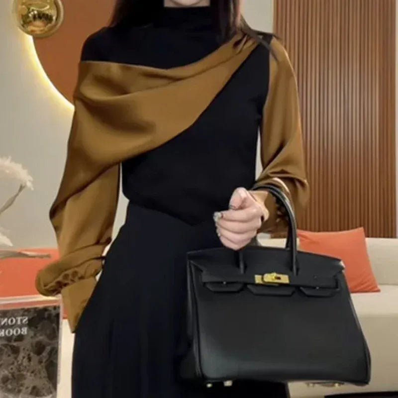 French fashion high - end irregular yellow block long - sleeved bottoming shirt female summer new temperament Joker turtleneck top. - SN Wigs & More