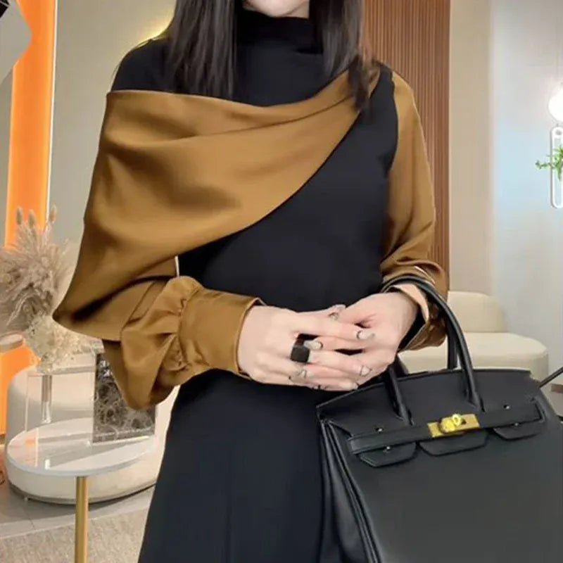 French fashion high - end irregular yellow block long - sleeved bottoming shirt female summer new temperament Joker turtleneck top. - SN Wigs & More