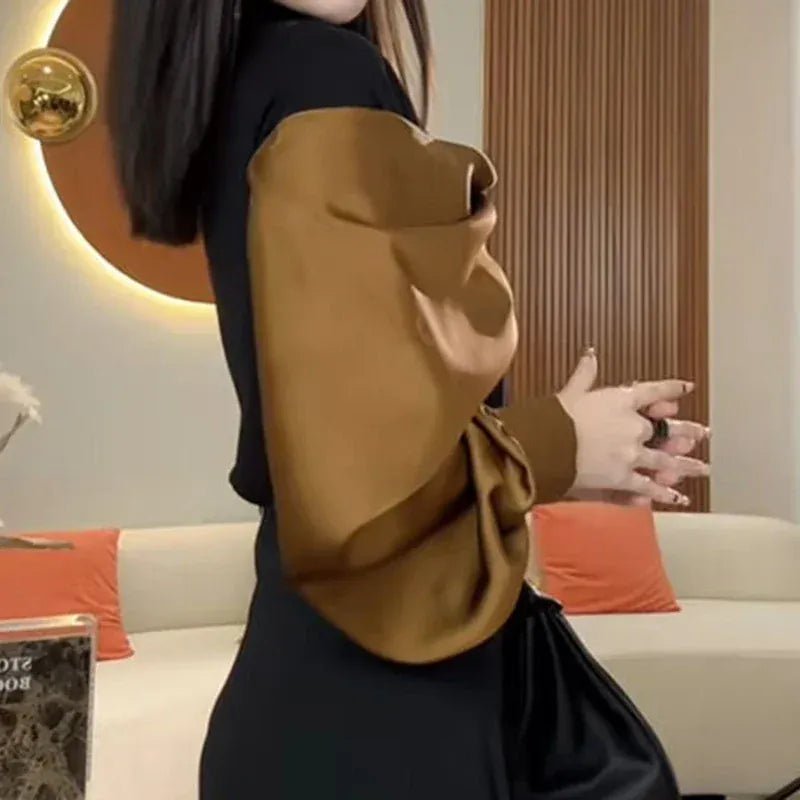 French fashion high - end irregular yellow block long - sleeved bottoming shirt female summer new temperament Joker turtleneck top. - SN Wigs & More