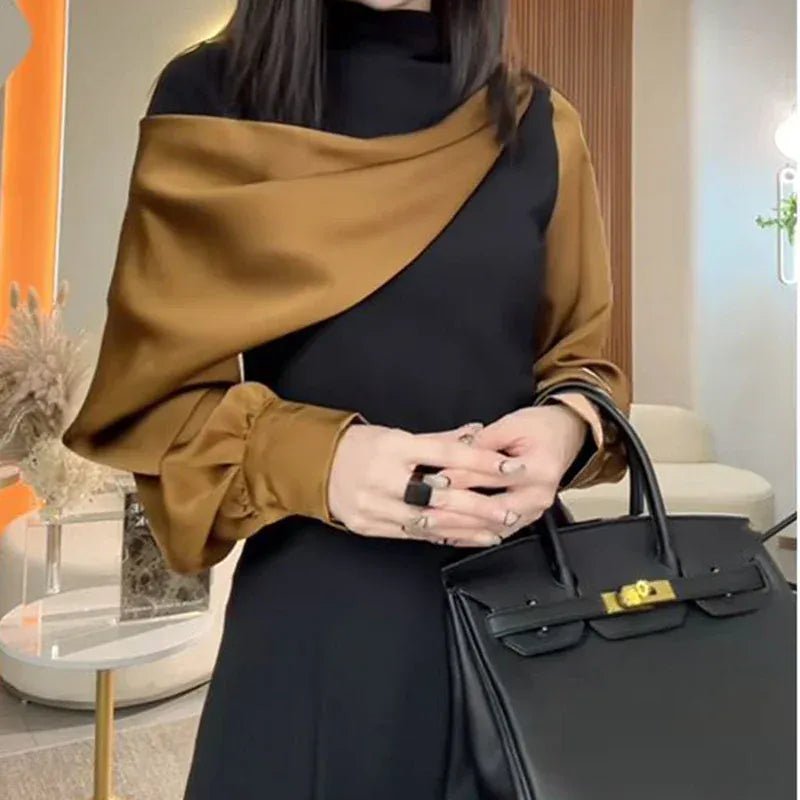 French fashion high - end irregular yellow block long - sleeved bottoming shirt female summer new temperament Joker turtleneck top. - SN Wigs & More