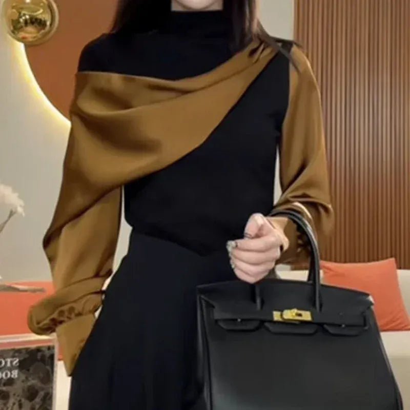 French fashion high - end irregular yellow block long - sleeved bottoming shirt female summer new temperament Joker turtleneck top. - SN Wigs & More