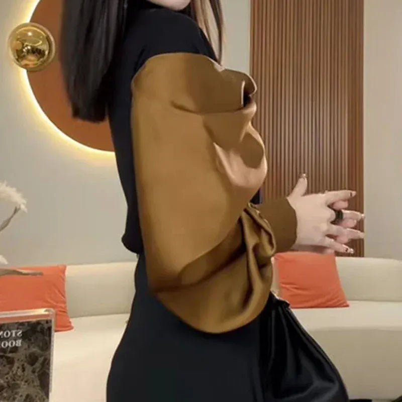 French fashion high - end irregular yellow block long - sleeved bottoming shirt female summer new temperament Joker turtleneck top. - SN Wigs & More