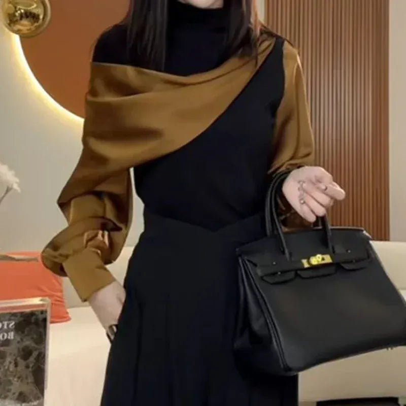 French fashion high - end irregular yellow block long - sleeved bottoming shirt female summer new temperament Joker turtleneck top. - SN Wigs & More