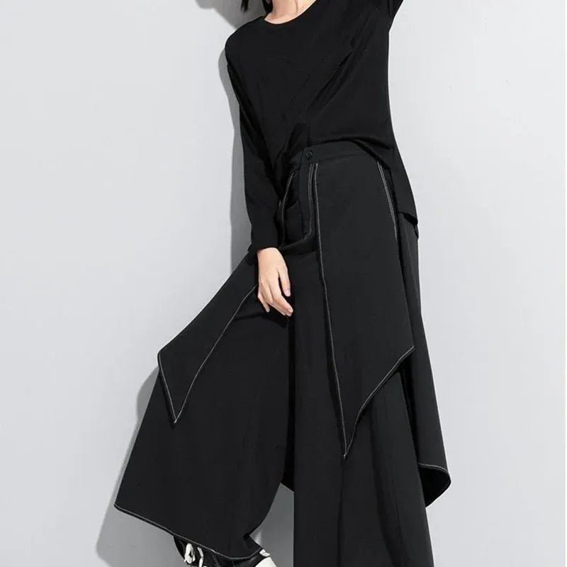 French fashion temperament black wide - leg pants women's spring and autumn new loose plus size casual pants casual skirt pants. - SN Wigs & More