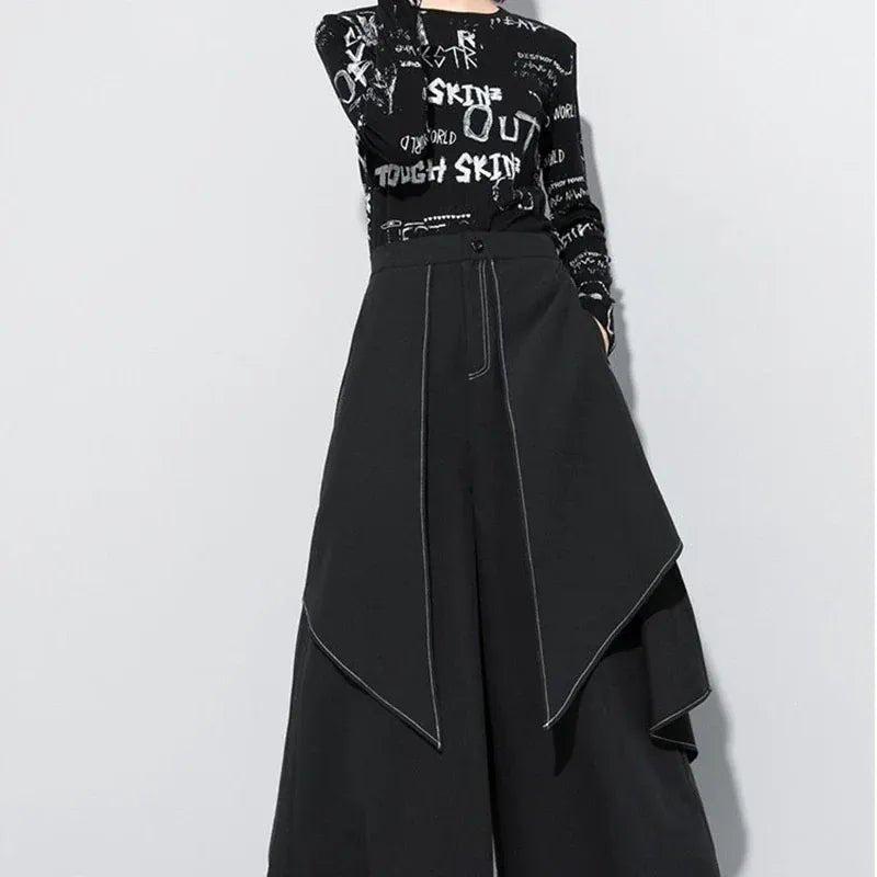 French fashion temperament black wide - leg pants women's spring and autumn new loose plus size casual pants casual skirt pants. - SN Wigs & More