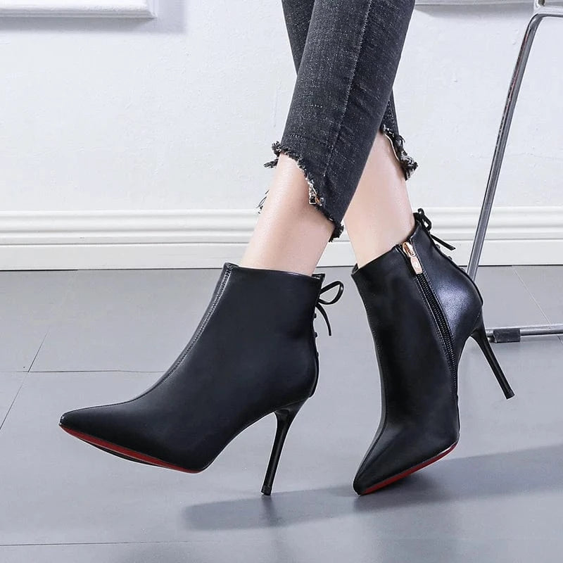 French girls bow short boots net red pointed off white Martin boots women's 21 winter new thin heels