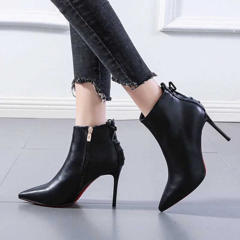 French girls bow short boots net red pointed off white Martin boots women's 21 winter new thin heels