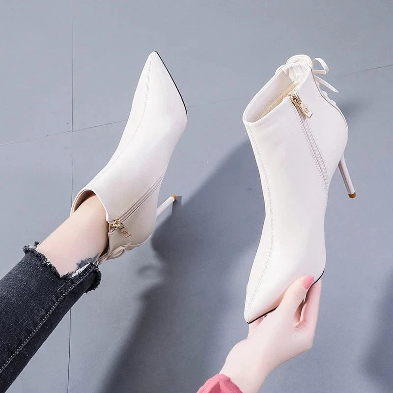 French girls bow short boots net red pointed off white Martin boots women's 21 winter new thin heels