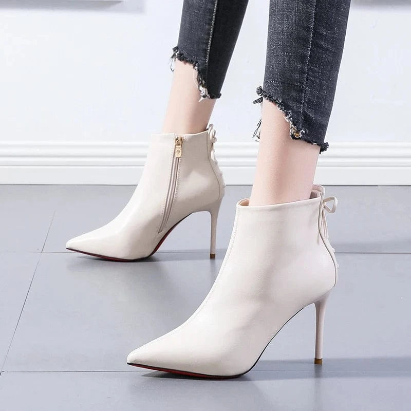 French girls bow short boots net red pointed off white Martin boots women's 21 winter new thin heels