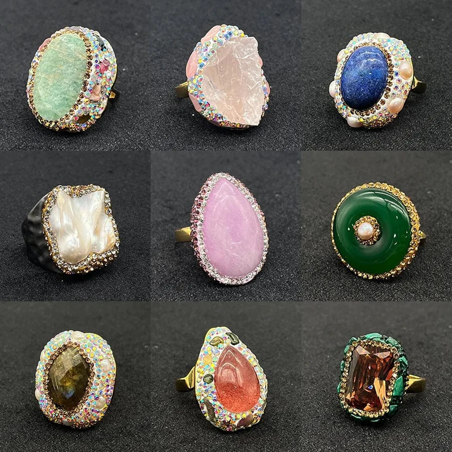 French hawaiian baroque natural stone pink topaz turquoise evil eye pearl rings jewelry women