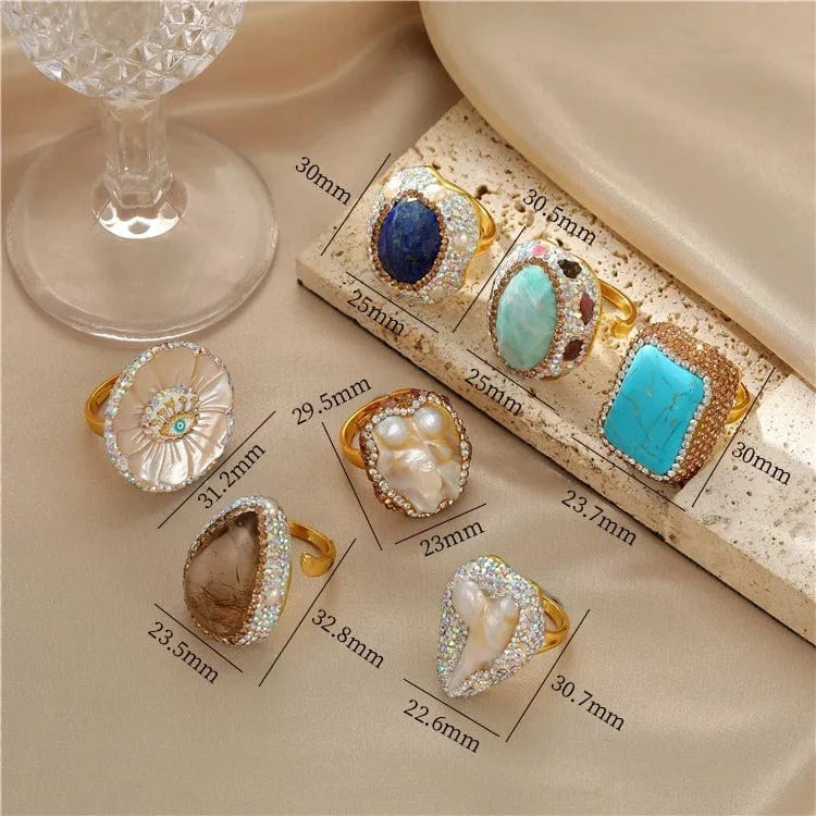 French hawaiian baroque natural stone pink topaz turquoise evil eye pearl rings jewelry women
