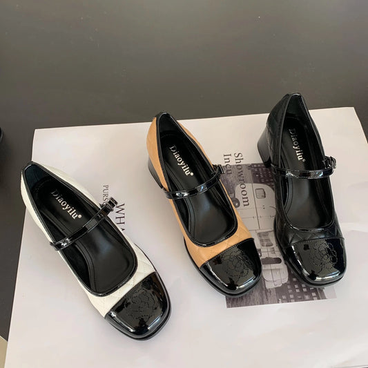 French Mary Jane high heels thick heel round toe color matching retro small leather shoes autumn and winter 2023