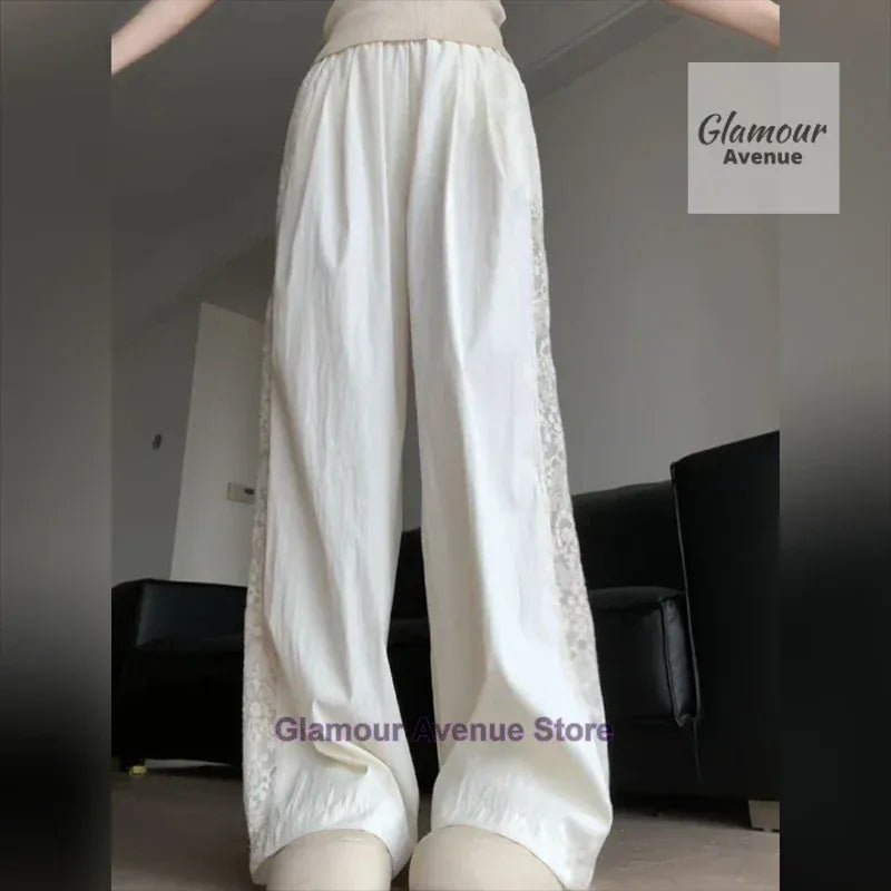 French retro lace design stitching pants women's summer new fashion temperament straight loose wide leg drop casual pants. - SN Wigs & More