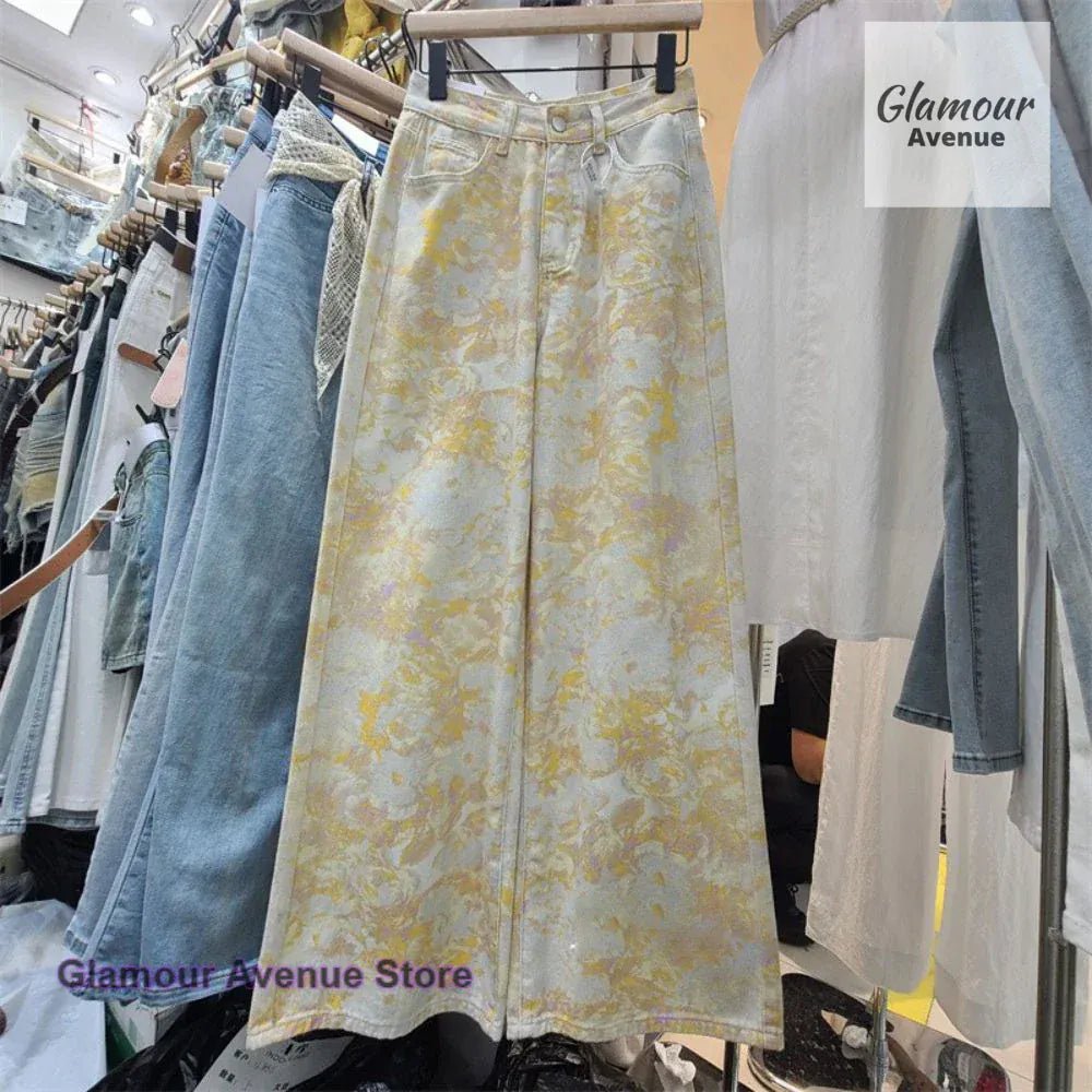 French retro yellow tie - dye printed wide - leg jeans women's spring and autumn fashion design casual wild straight mop pants. - SN Wigs & More
