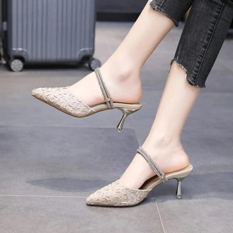 French rhinestone slippers one word with stiletto pointed toe shoes women 2022 spring and summer new high-heeled sandals