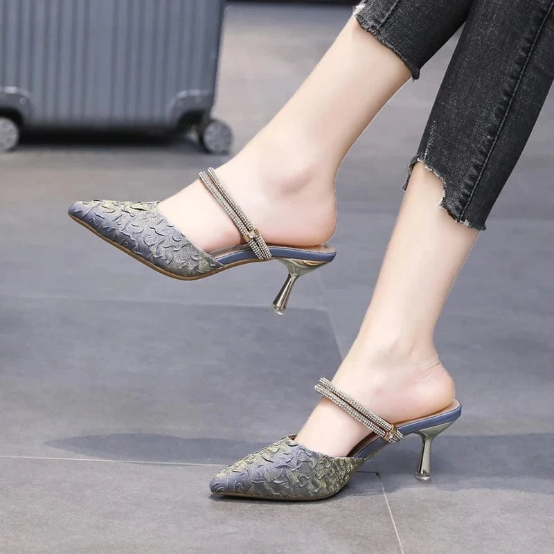 French rhinestone slippers one word with stiletto pointed toe shoes women 2022 spring and summer new high-heeled sandals