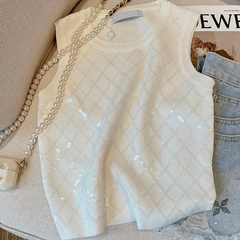 French round neck sequined halter top vest women's summer new fashion temperament white short joker casual sleeveless top.