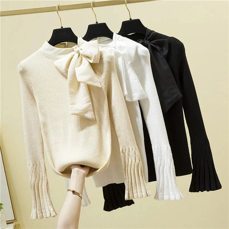 French Style Bow Flare Sleeve Pullovers Women 2024 Temperament Slim Bottoming Sweater Ladies Simple All-Match Jumper Knitwear