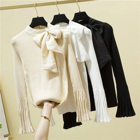French Style Bow Flare Sleeve Pullovers Women 2024 Temperament Slim Bottoming Sweater Ladies Simple All-Match Jumper Knitwear