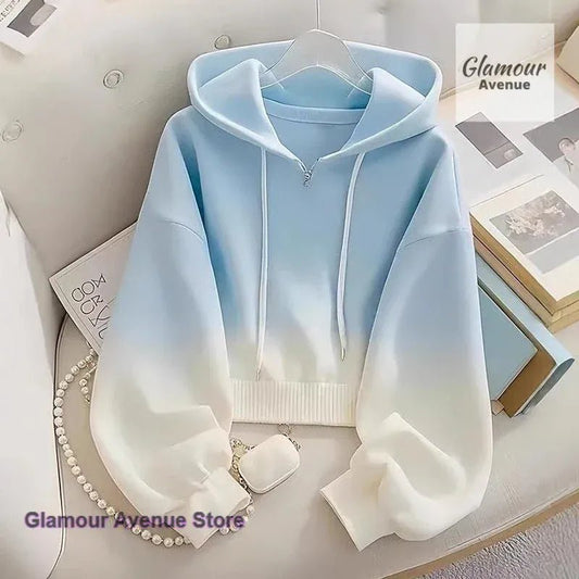 French style dopamine blue gradient high sense hooded sweater coat women's spring and autumn new unique super nice blouse. - SN Wigs & More