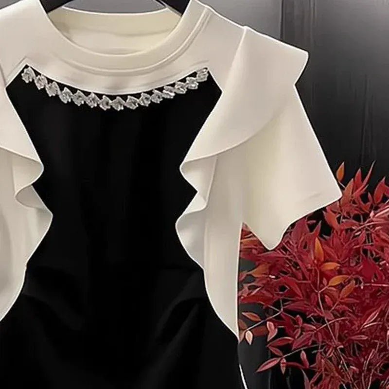 French style fashion ruffled three - dimensional disc color block T-shirt short sleeve women's summer new patchwork casual top - SN Wigs & More