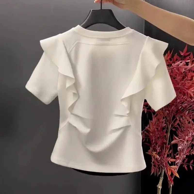 French style fashion ruffled three - dimensional disc color block T-shirt short sleeve women's summer new patchwork casual top - SN Wigs & More