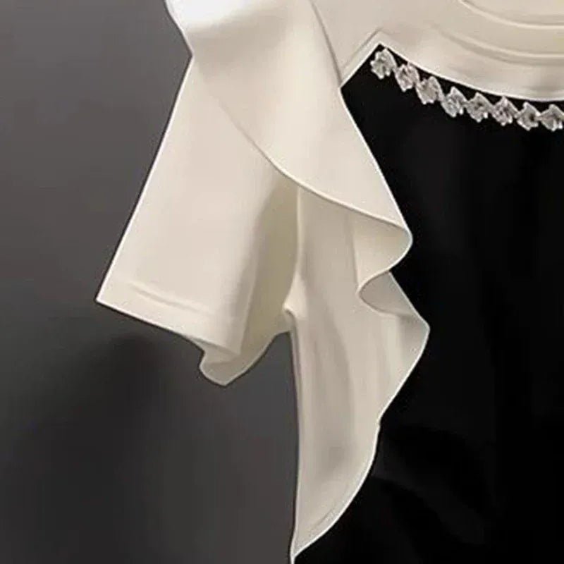 French style fashion ruffled three - dimensional disc color block T-shirt short sleeve women's summer new patchwork casual top - SN Wigs & More