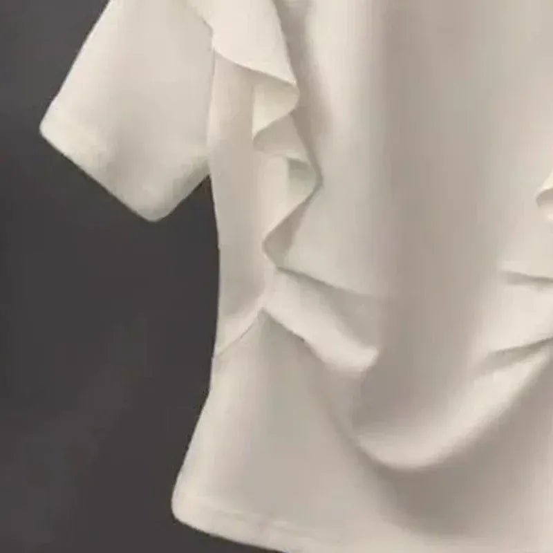 French style fashion ruffled three - dimensional disc color block T-shirt short sleeve women's summer new patchwork casual top - SN Wigs & More