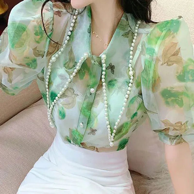French - style fashion shirt women's summer new niche design sense printing large pointed collar heavy beaded short - sleeved shirt - SN Wigs & More