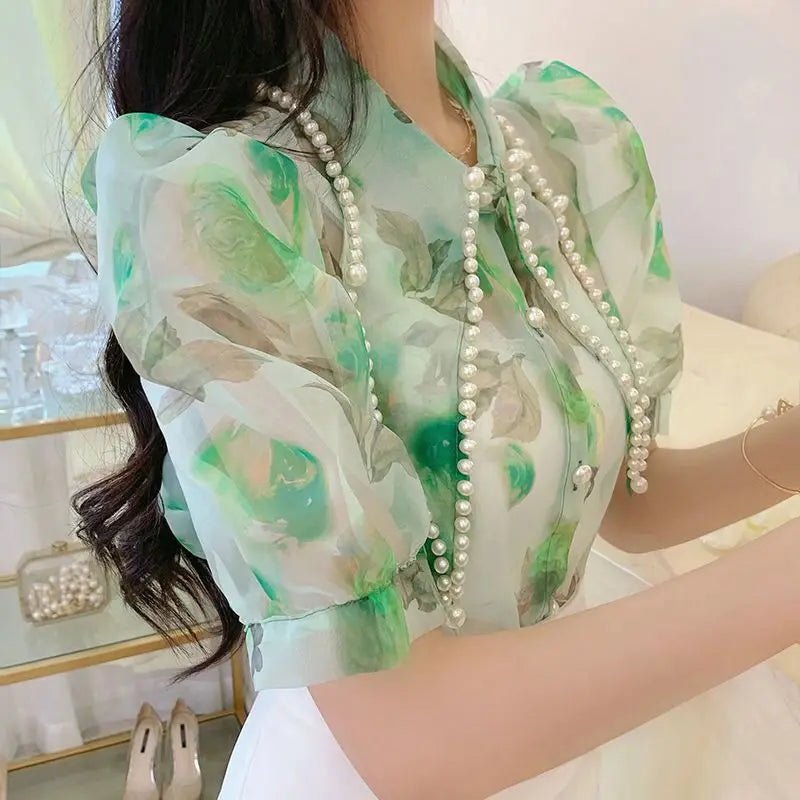 French - style fashion shirt women's summer new niche design sense printing large pointed collar heavy beaded short - sleeved shirt - SN Wigs & More