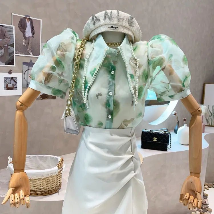 French - style fashion shirt women's summer new niche design sense printing large pointed collar heavy beaded short - sleeved shirt - SN Wigs & More