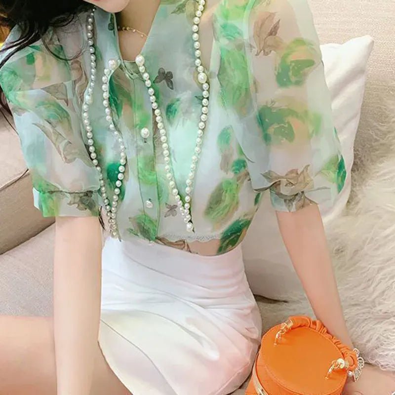 French - style fashion shirt women's summer new niche design sense printing large pointed collar heavy beaded short - sleeved shirt - SN Wigs & More