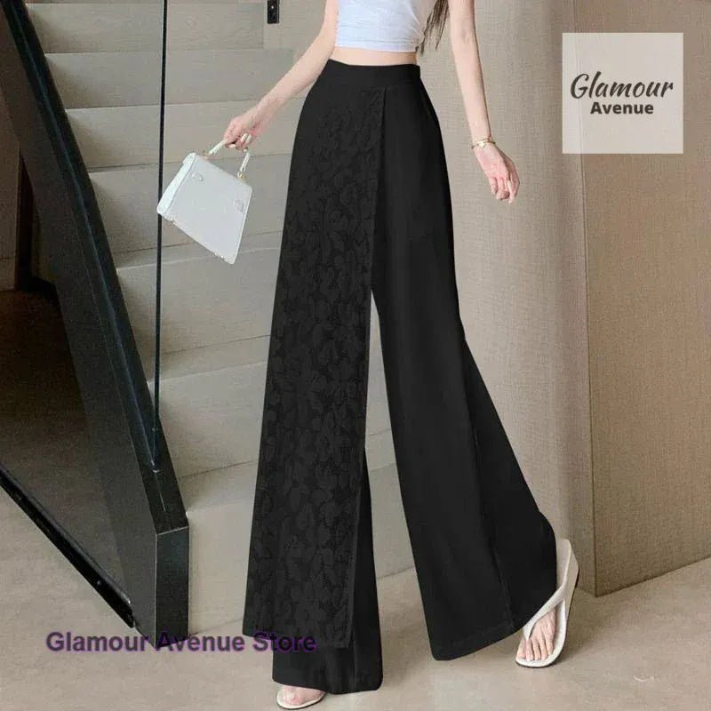 French style lace stitching high waist wide - leg pants women's summer thin fashion fake two pieces of casual Joker long pants. - SN Wigs & More