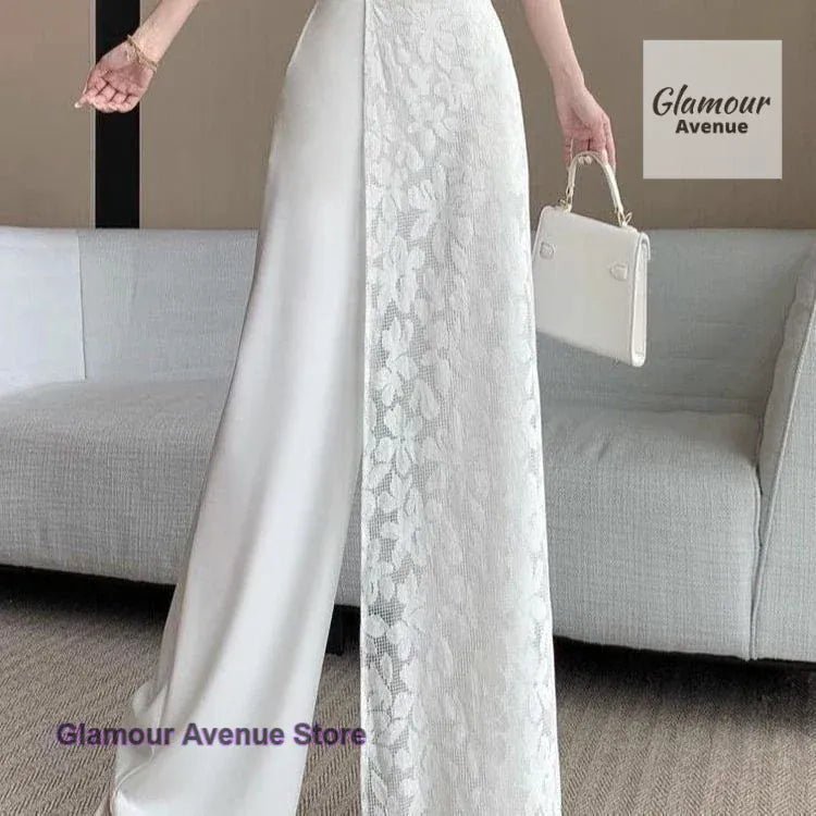 French style lace stitching high waist wide - leg pants women's summer thin fashion fake two pieces of casual Joker long pants. - SN Wigs & More