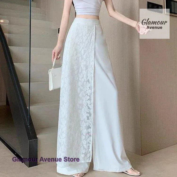 French style lace stitching high waist wide - leg pants women's summer thin fashion fake two pieces of casual Joker long pants. - SN Wigs & More