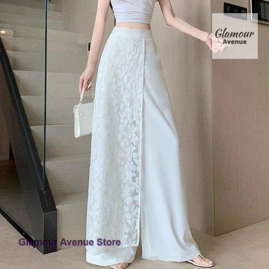 French style lace stitching high waist wide - leg pants women's summer thin fashion fake two pieces of casual Joker long pants. - SN Wigs & More