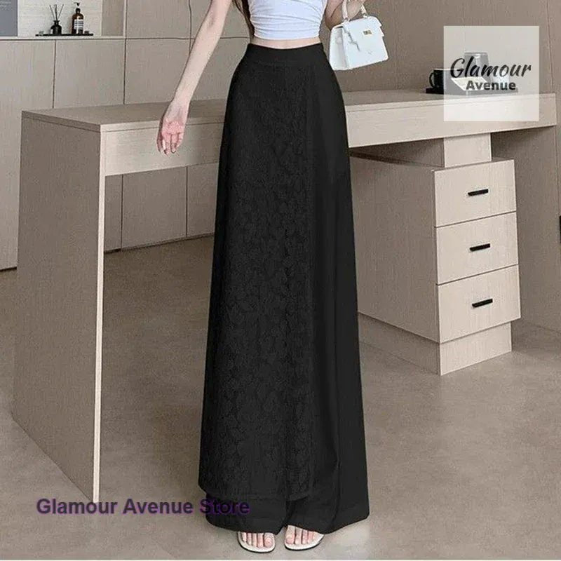 French style lace stitching high waist wide - leg pants women's summer thin fashion fake two pieces of casual Joker long pants. - SN Wigs & More