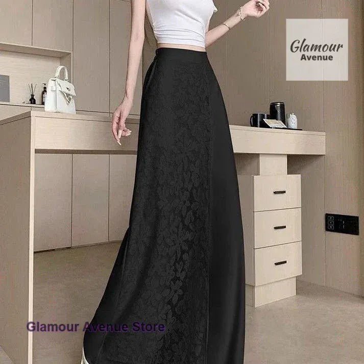 French style lace stitching high waist wide - leg pants women's summer thin fashion fake two pieces of casual Joker long pants. - SN Wigs & More